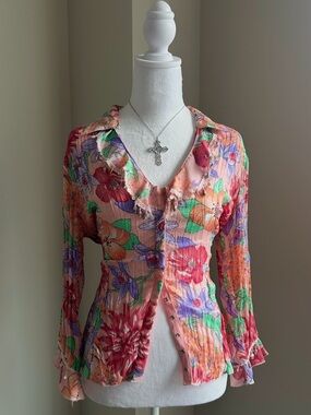 2000's Floral Pink Beaded Button-Front Blouse